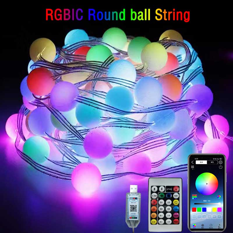 Outdoor Camping Lights String - RGBIC bola bulat dekorasi taman, cahaya