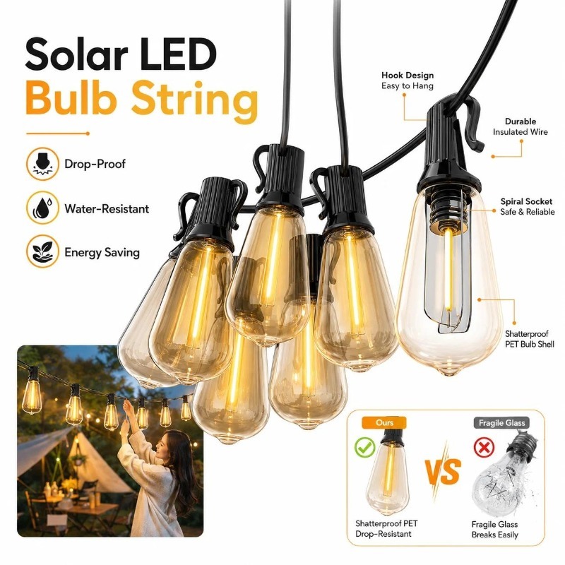 Outdoor Camping Lights String - Lampu String LED Tenaga Surya untuk